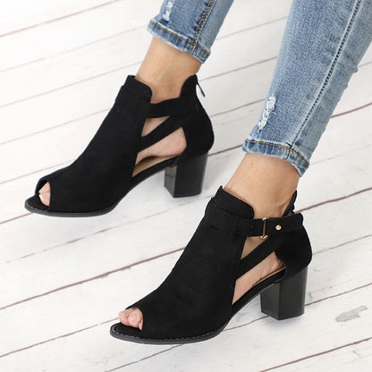 Creamtopmall Flock Square Heel Square Sandals