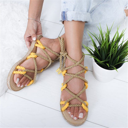 Creamtopmall Peep Toe Cross Lace Up Flat Sandals