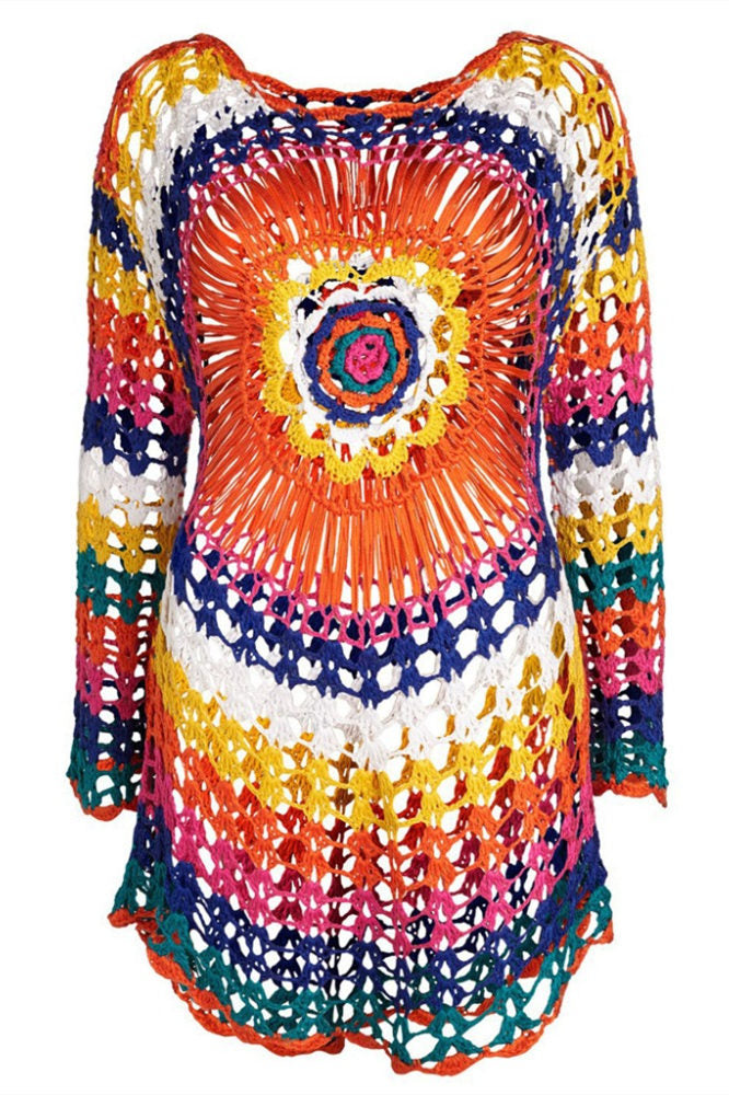 Creamtopmall Colorful Knitted Cover Up Beach Dress