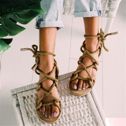 Creamtopmall Peep Toe Cross Lace Up Flat Sandals