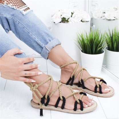 Creamtopmall Peep Toe Cross Lace Up Flat Sandals