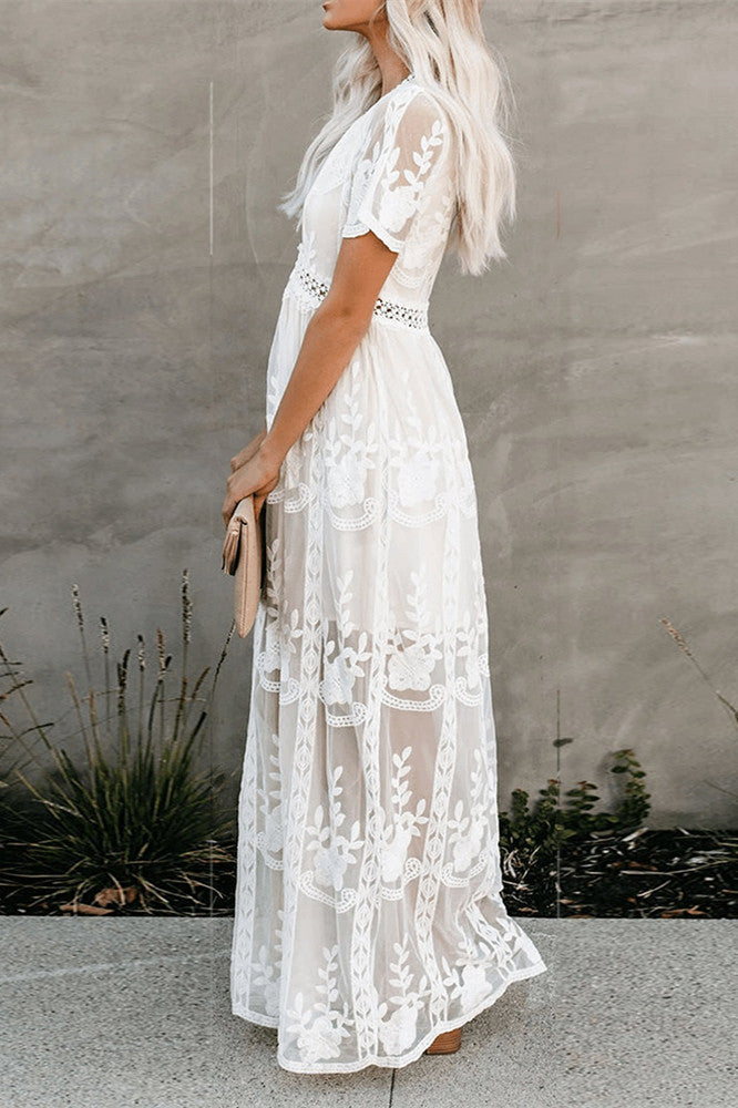 Creamtopmall Embroidery Lace long Tunic Beach Dress