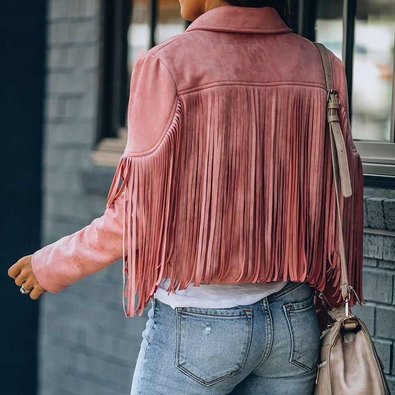 Creamtopmall Vintage Lapel Long Sleeve Fringe Cropped Hippie Jacket