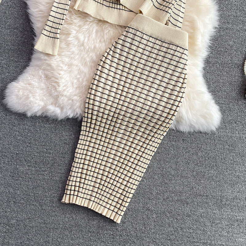 Creamtopmall Temperament Plaid Knitted 3 Piece Sets Suit