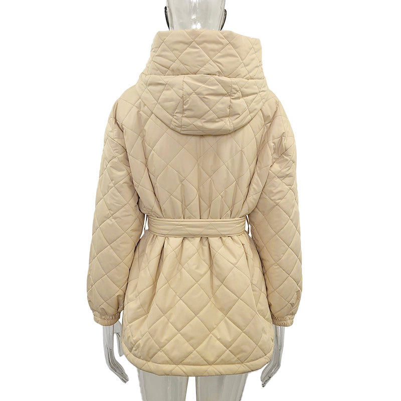 Creamtopmall Elegant Tie Belt Loose Arygle Hooded Parkas