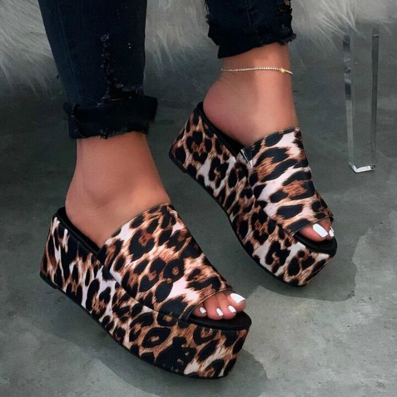 creamtopmall   High-heeled Women Flatform Slippers Summer New   Leopard Print Thick with Slides Women Large Size Shoes Woman Wedges Slipper 0823