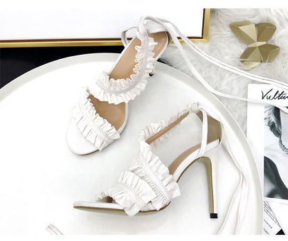 Creamtopmall Cross Bandage Thin Heel Ruffle Sandals