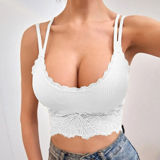 Back to school outfit creamtopmall  Backless Lace Camisole Backless Crop Top   Ladies Summer Vintage   Sweet Vest Solid Color Simple Top Women's Underwear  0823