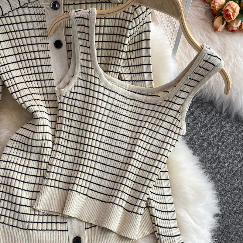 Creamtopmall Temperament Plaid Knitted 3 Piece Sets Suit