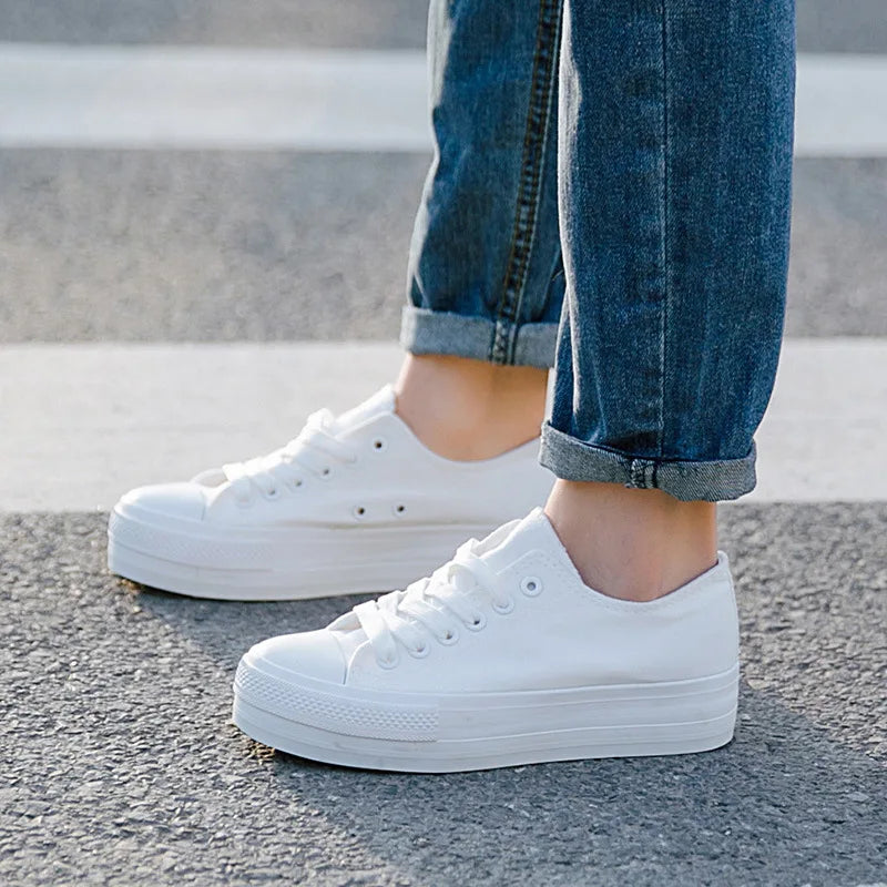 creamtopmall-White Woman Casual Shoes  Spring Autumn Female Canvas Shoes Thick Bottom Lace Up Ladies Flats Fashion High Quality Footwear