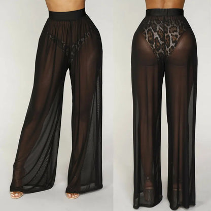 creamtopmall-2024Hot Sale Sexy Women Long Mesh Sheer Pants Beachwear See-Through High Wasit Swimsuit Trunks Loose Pant Wide Leg Trousers