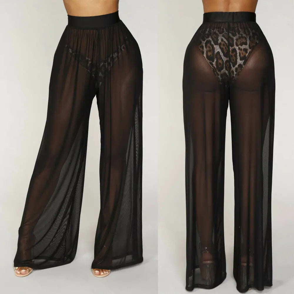 creamtopmall-Hot Sale Sexy Women Long Mesh Sheer Pants Beachwear See-Through High Wasit Swimsuit Trunks Loose Pant Wide Leg Trousers