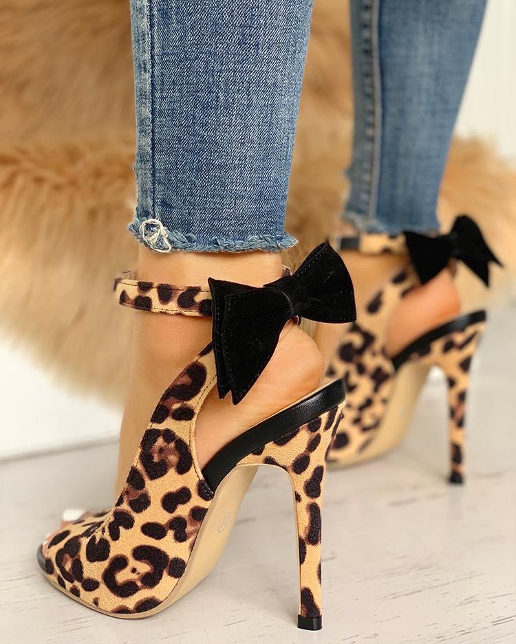 Creamtopmall Ankle Strap Leopard Bow Thin Heels