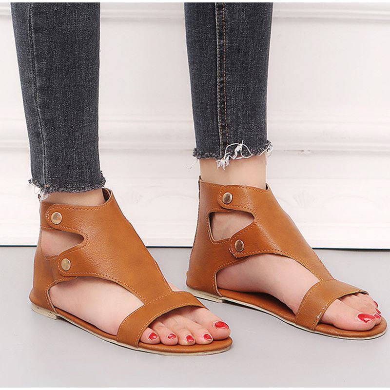 Creamtopmall Retro Gladiator Ankle Wrap Zipper Flat Sandals