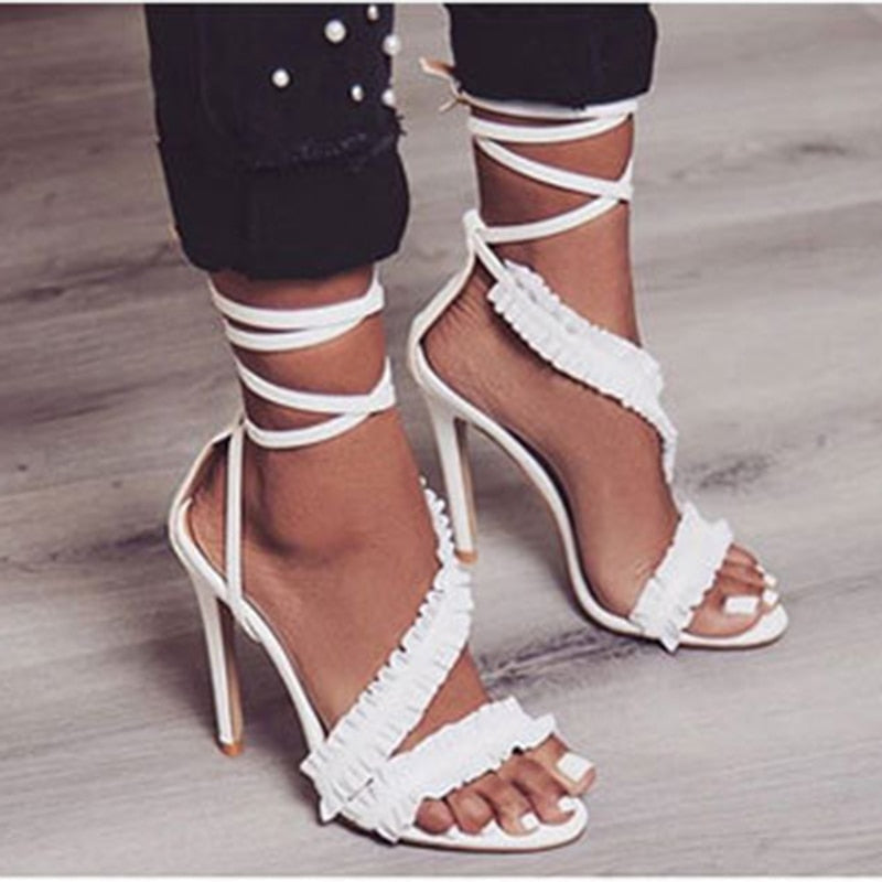 Creamtopmall Cross Bandage Thin Heel Ruffle Sandals