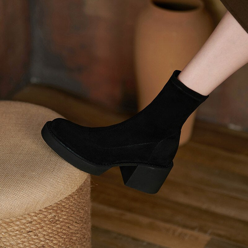 creamtopmall Stretch Flock Women Boots Winter Fashion Slip-On Round Toe Chunky Heel Ankle Boots Handmade Women Shoes Platform Stretch Boots