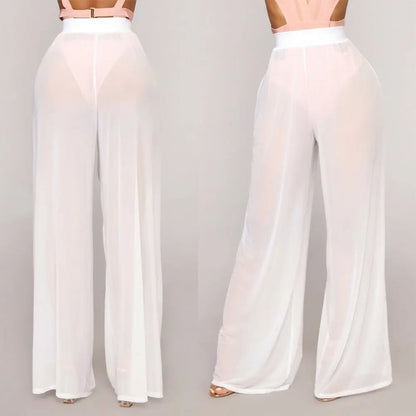 creamtopmall-Hot Sale Sexy Women Long Mesh Sheer Pants Beachwear See-Through High Wasit Swimsuit Trunks Loose Pant Wide Leg Trousers