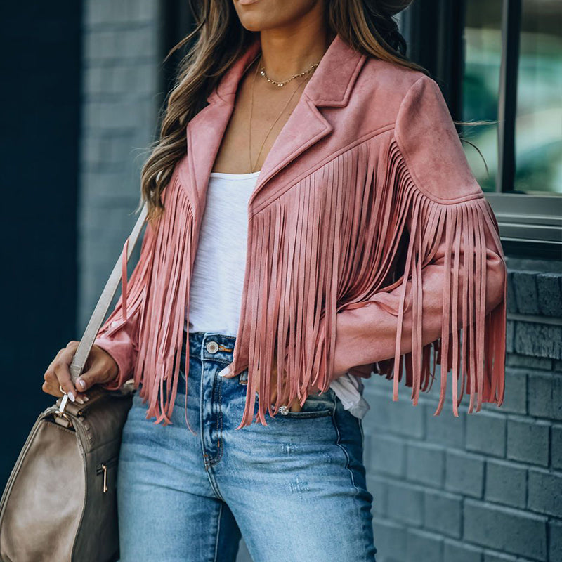 Creamtopmall Vintage Lapel Long Sleeve Fringe Cropped Hippie Jacket