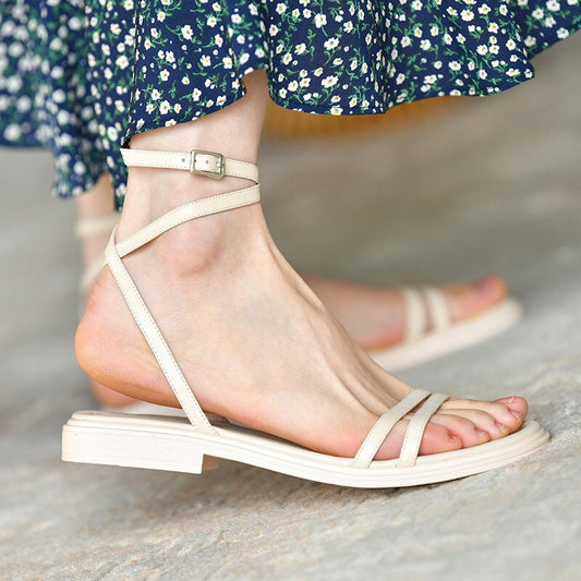 Creamtopmall Peep Toe Buckle Flats Sandals