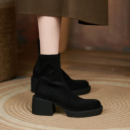 creamtopmall Stretch Flock Women Boots Winter Fashion Slip-On Round Toe Chunky Heel Ankle Boots Handmade Women Shoes Platform Stretch Boots