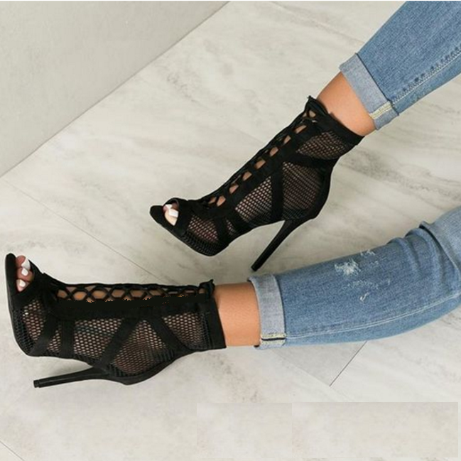 Creamtopmall Mesh Lace-Up Cross-tied Boots Pumps