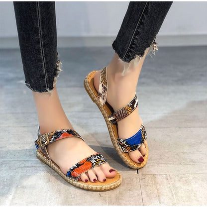 Creamtopmall Snake  Pattern Flats Sewing Buckle Ankle Strap Sandal