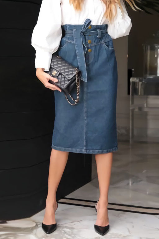 Creamtopmall High Waist Tie A-Line Denim Midi Skirt