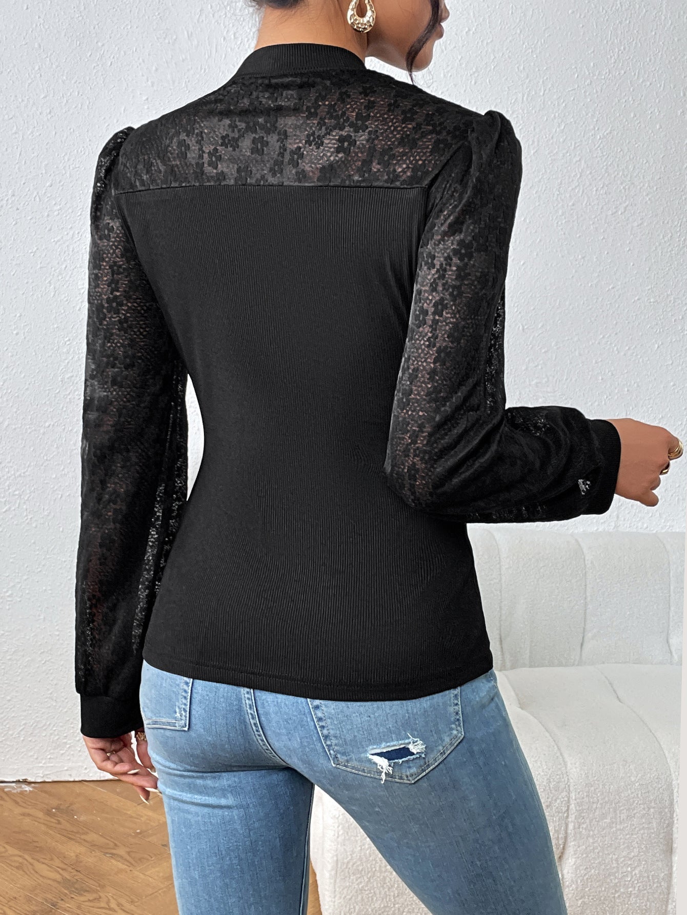 Creamtopmall Half turtleneck lace paneled long-sleeved black top