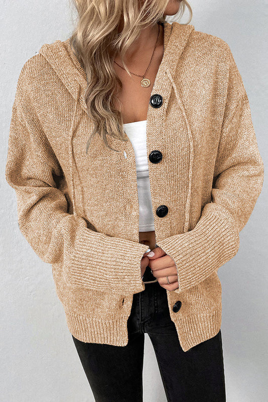 Creamtopmall Hooded single-breasted drawstring knitted cardigan