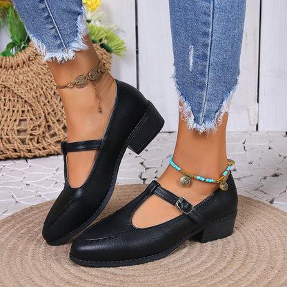 Creamtopmall Thick heel square buckle hollow leather shoes