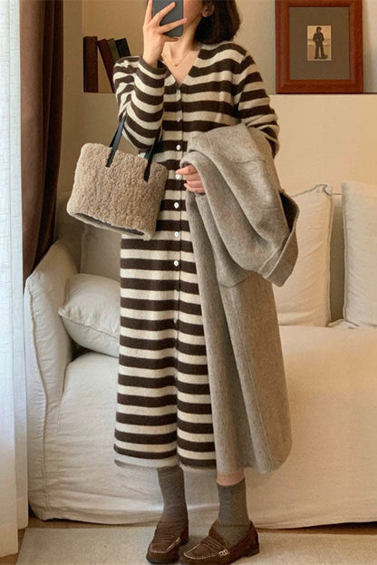 Creamtopmall V-neck striped knitted cardigan long dress