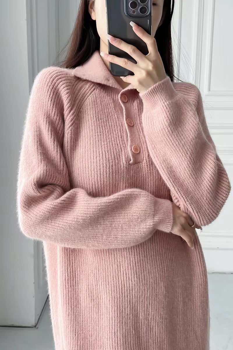 Creamtopmall Solid color buttoned turtleneck knitted dress