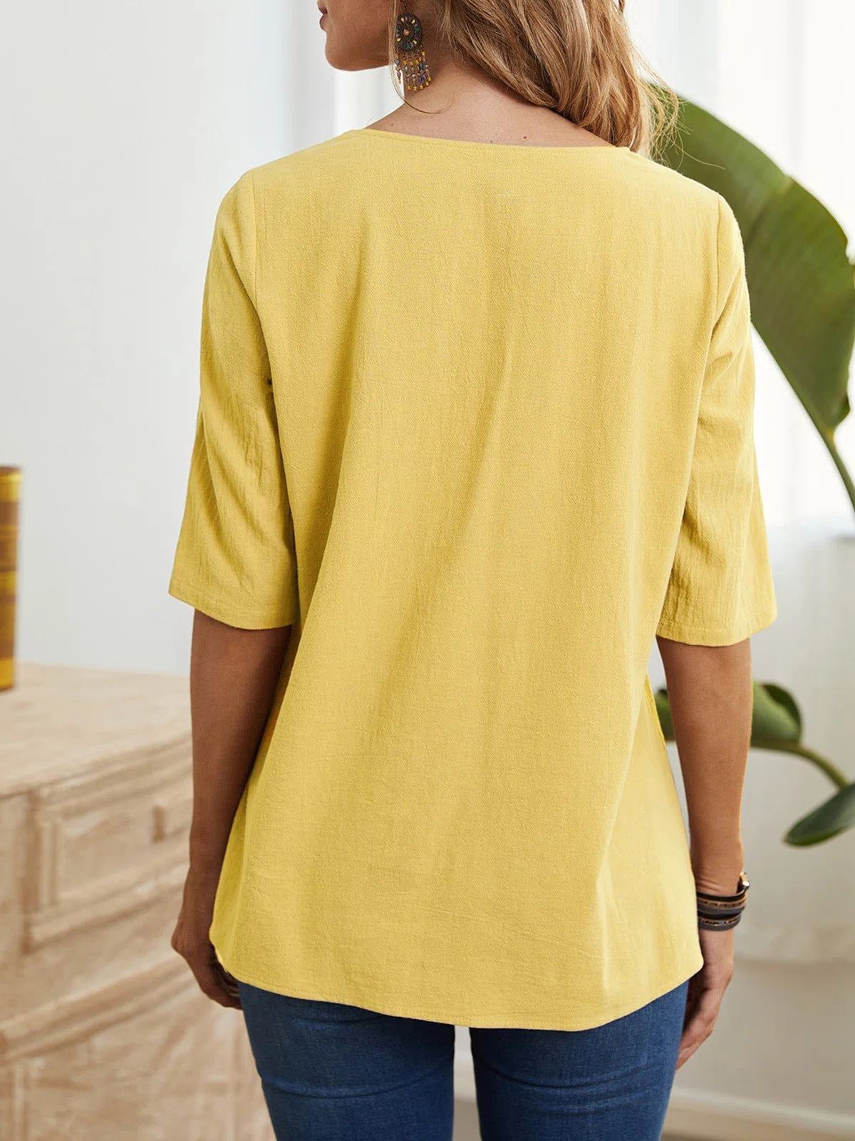 Creamtopmall Irregular round neck mid-sleeve linen top