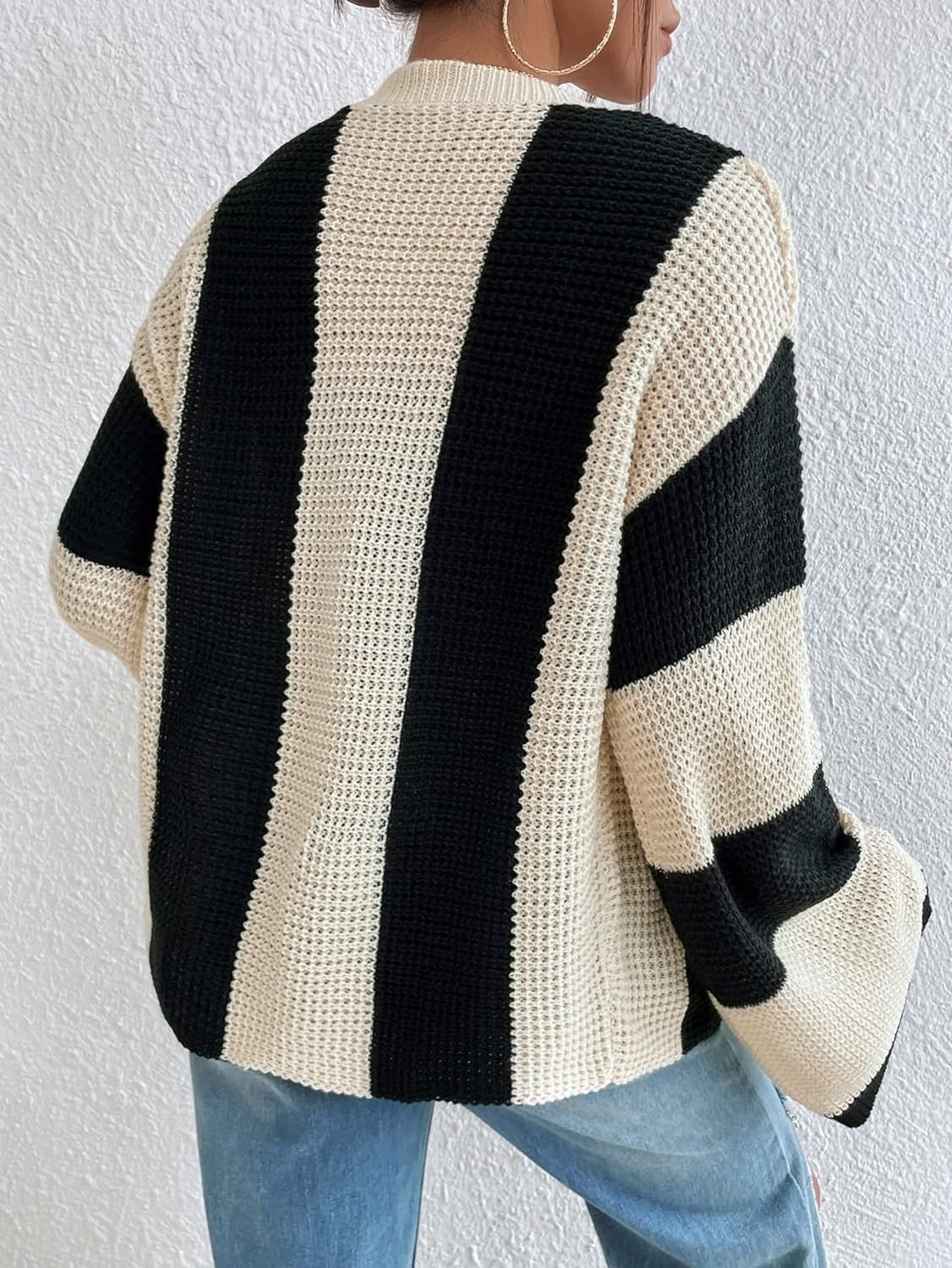 Creamtopmall Striped contrast bell sleeve knitted cardigan