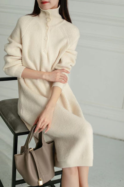 Creamtopmall Solid color buttoned turtleneck knitted dress