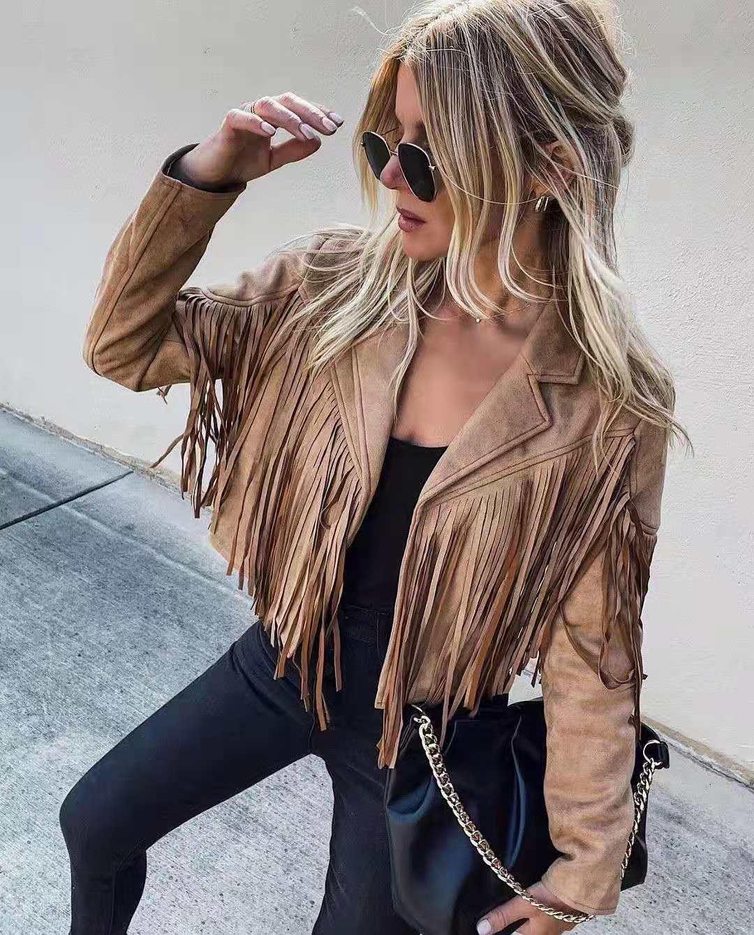 Creamtopmall Vintage Lapel Long Sleeve Fringe Cropped Hippie Jacket