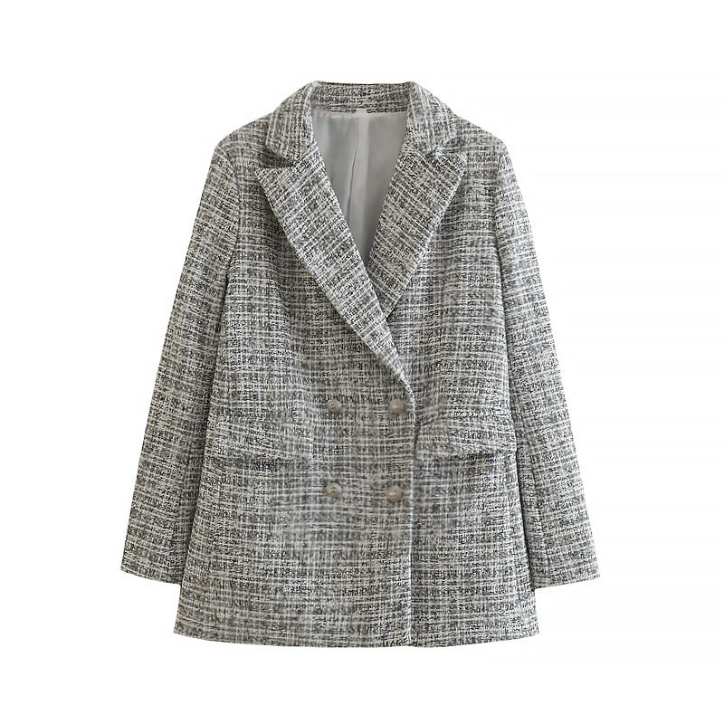 Creamtopmall Tweed Blazer Vintage Double Breasted Coat