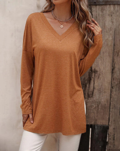 Creamtopmall Loose hem slit knitted long-sleeved T-shirt