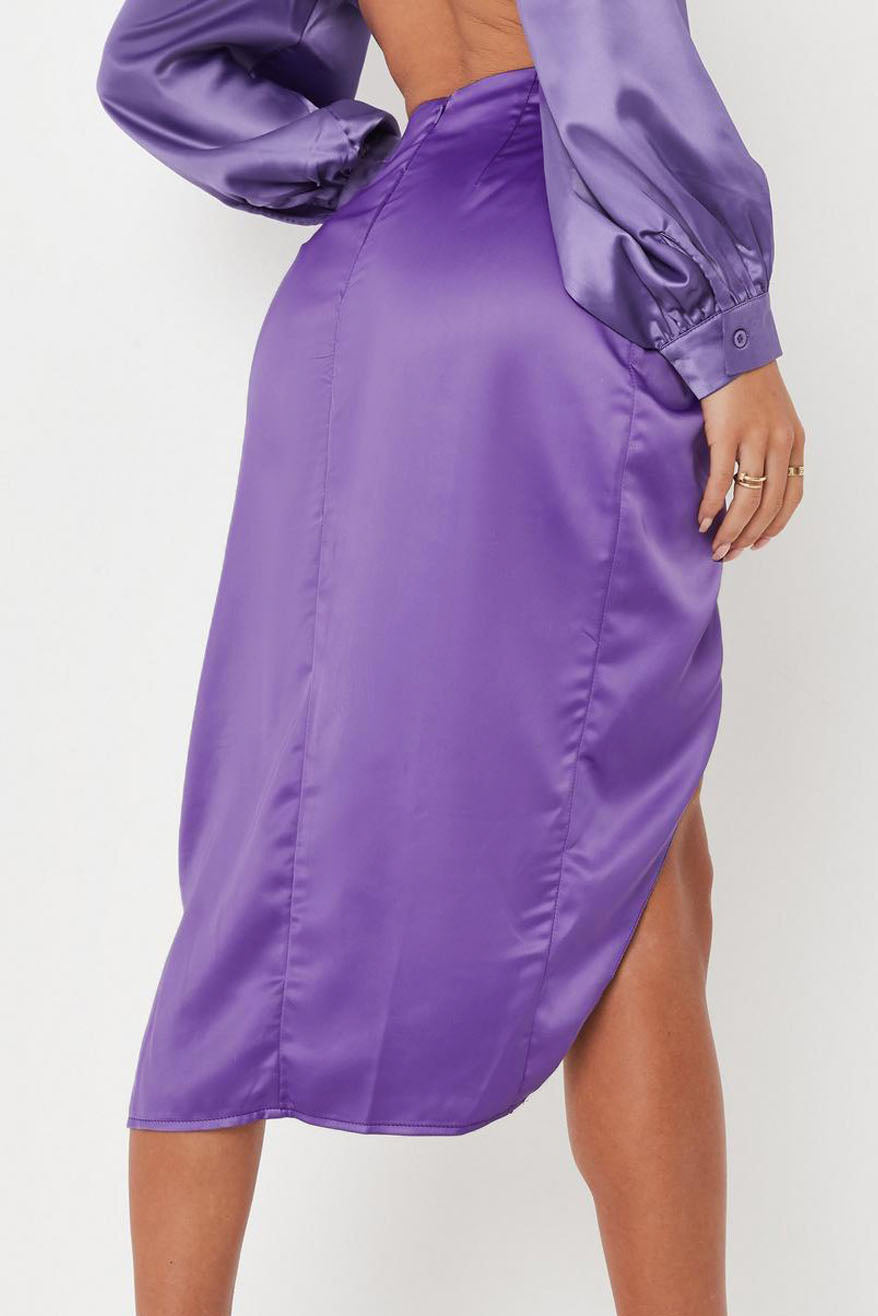 Creamtopmall High Waist Irregular Solid Satin Slit Skirt