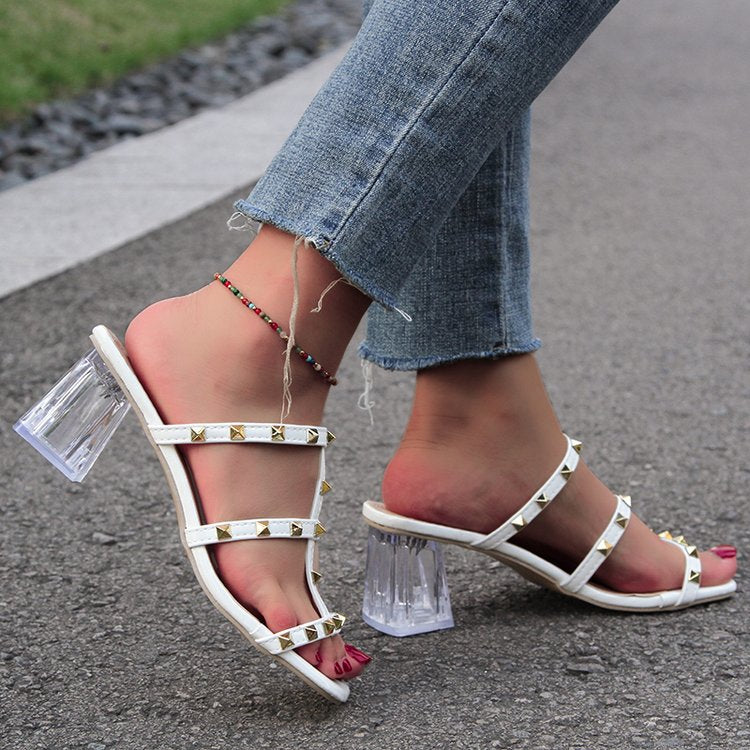 Creamtopmall Crystal mid-heel studded slide sandals