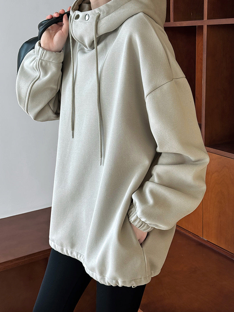 Creamtopmall Half High Collar with Button Details Thick Loose Hoodie