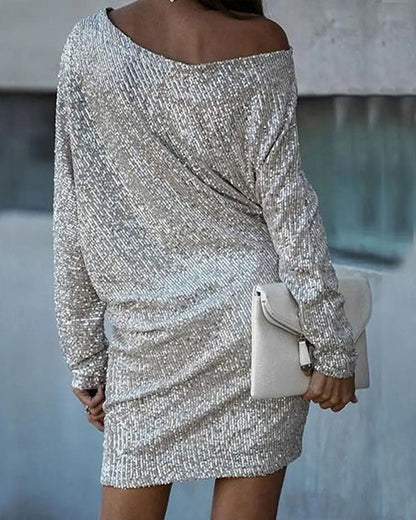 Creamtopmall Party Wear V Neck Long Sleeve Contrast Sequin Dress