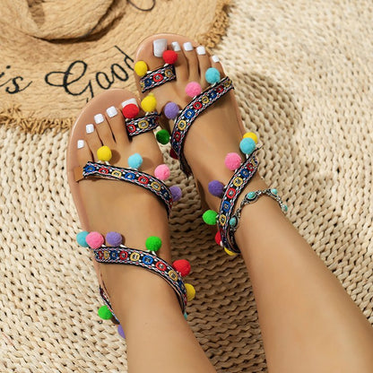 Creamtopmall Bohemian cross-strap pom-pom flat sandals