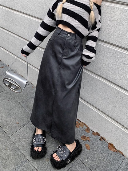 Creamtopmall Slit PU high waist half retro long skirt