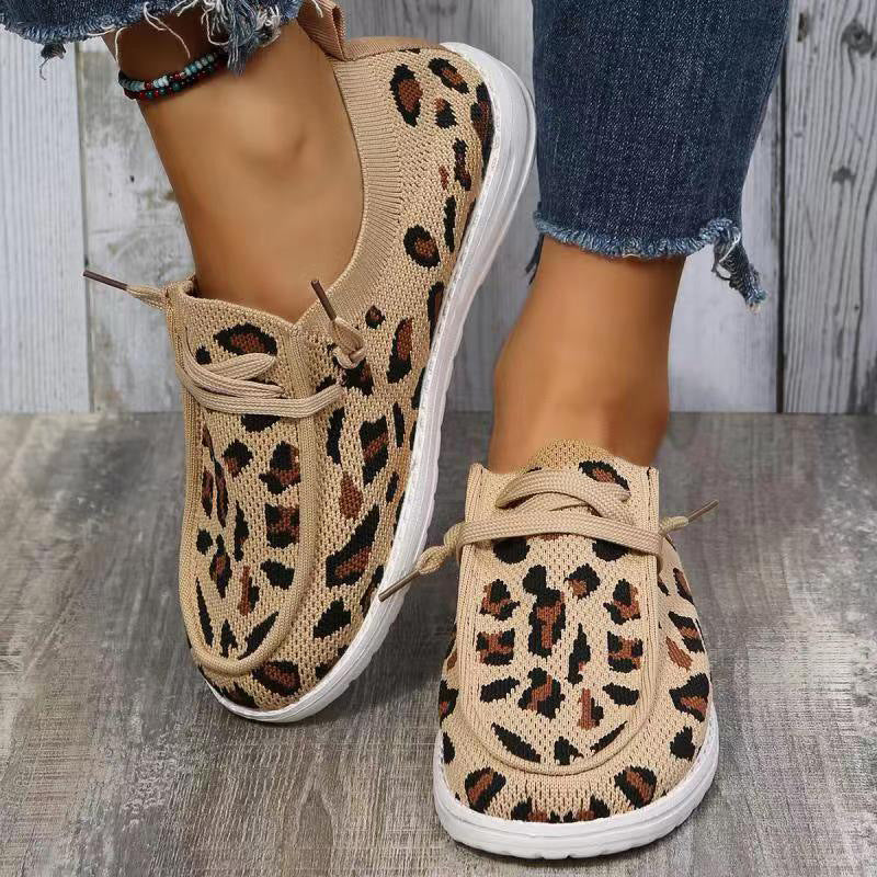 Creamtopmall Leopard Print Lace-Free Flyknit Sneakers