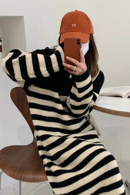 Creamtopmall Zip half turtleneck contrast striped mid-length knitted dress