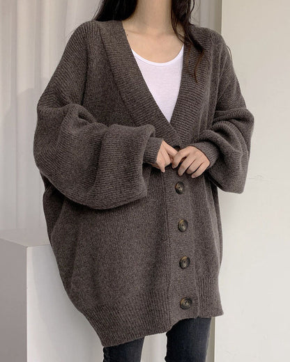 Creamtopmall V-neck single-breasted loose lantern sleeve knitted cardigan