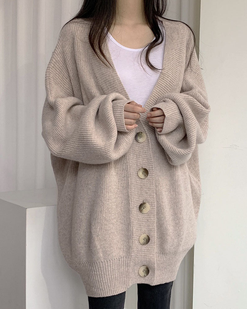 Creamtopmall V-neck single-breasted loose lantern sleeve knitted cardigan