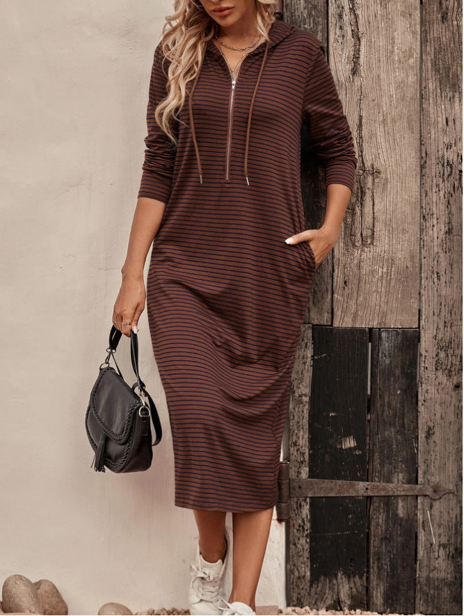 Creamtopmall Striped hooded slim long sleeve dress