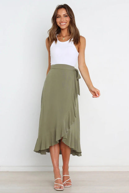 Creamtopmall One Piece Tie Irregular Hip Pack Solid Color Skirt